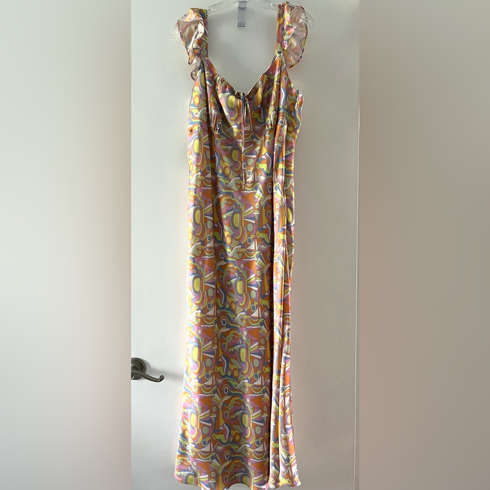 Olivia Rubin Amaya Abstract Print Midi Slip Multicolor Ruffle Dress Size 14 - Picture 4 of 15